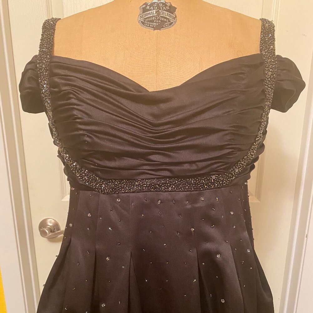 Black satin and beaded, off the shoulder, size 10 gown